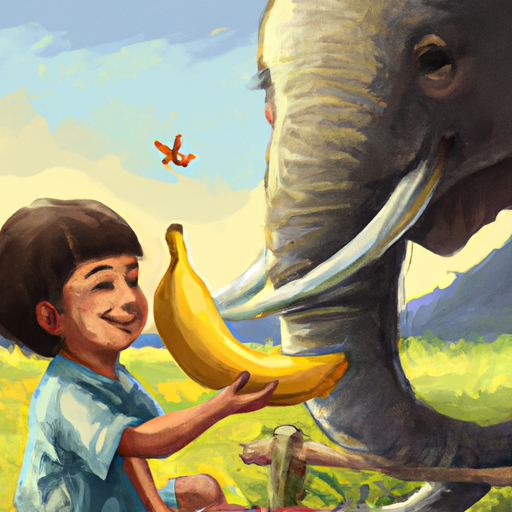 3. תמונה מחממת לב של ילד מאכיל בננה לפיל ידידותי.
