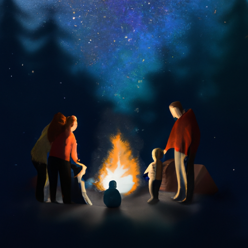 7. משפחה הצטופפה סביב מדורה, כשברקע יער חשוך ושמים זרועי כוכבים.